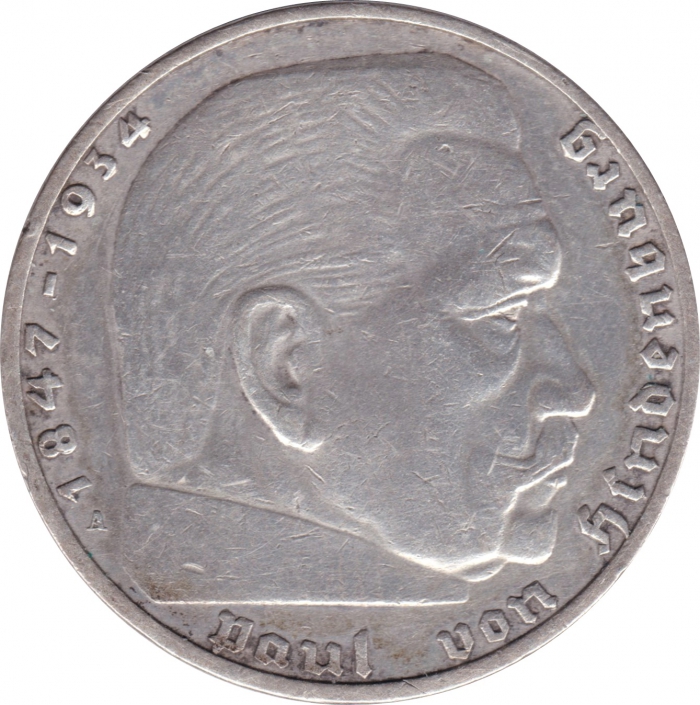 Vorderansicht - 2 Mark Paul von Hindenburg - Reichsmark von 1938 Die Münze besteht aus Silber - Materialwert ca. 2 Euro