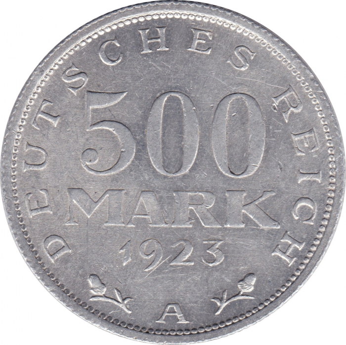 Vorderansicht - 500 Mark Münze, 1923 - Inflationsgeld der Weimarer Republik 1923 A geprägt in Berlin, Deutschland