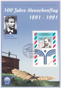 Vorderansicht - 10 Jahre Menschenflug 1891 - 1991, Philatelie - Philatelistisches Gedenkblatt Sonderbriefmarke Flugpionier Otto Lilienthal