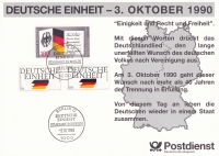Vorderansicht - Deutsche Einheit - 3. Oktober 1990 - Philatelie - Erinnerungskarte - Postdienst Deutsche Post 3 Briefmarken Deutsche Einheit 50 Pf., 100Pf.  und 40 Jahre Bundesrepublik Deutschland 100 Pf.