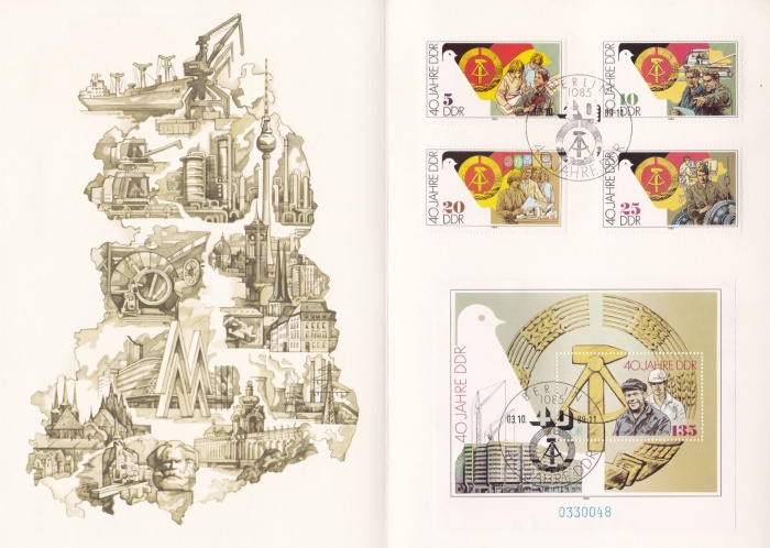 Aufgepklappt - 40 Jahre DDR - Philatelie - 5 wunderschöne Briefmarken, DDR 1989 Karton, coloriert