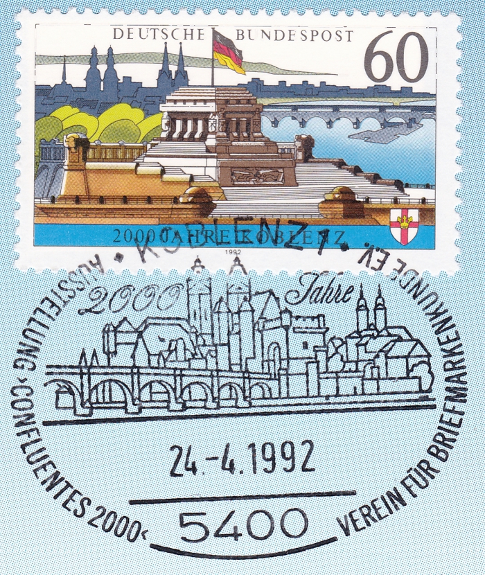 Detailansicht - 2000 Jahre Koblenz, Philatelie - Philatelistisches Gedenkblatt Sonderstempel Ausstellung Confluentes 2000 - Verein für Briefmarkenkunde e.V.