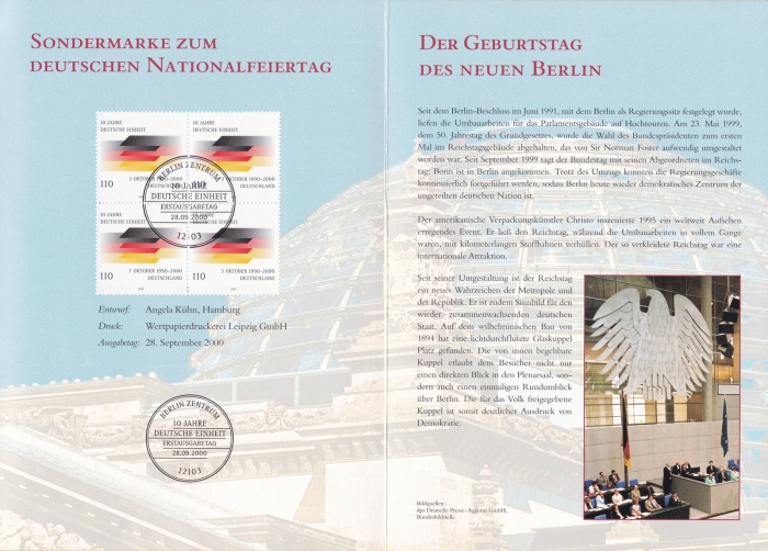 Mittelteil - 10 Jahre Deutsche Einheit - Philatelie - Deutsche Post - 03. Oktober 1990 - 2000 Erstausgabetag am 28.09.2000