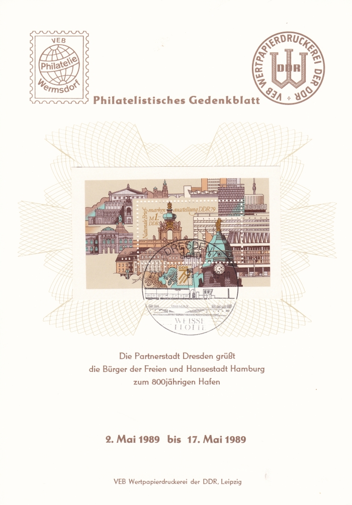 Die Partnerstadt Dresden grüßt die Bürger der Freien und Hansestadt Hamburg zum 800 jährigen Hafen