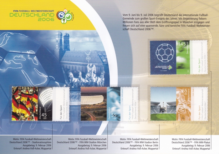 Vorderansicht - FIFA Fussball-Weltmeisterschaft 2006 in Deutschland - Philatelie  - Die Welt zu Gast bei Freunden - Philatelistisches Gedenkblatt 5 Briefmarken zu Deutschland 2006