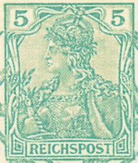 Detailansicht - 1900 Jahrhundert-Postkarte - Sonne und Wolken, Deutsches Kaiserreich - 5 Mark, Fünf Reichsmark Briefmarke, 1900 Ganzsache, Rückseite leer!