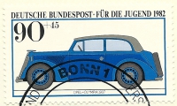 Detailansicht - Auto von Opel Olympia 1937, Für die Jugend, 1982 - Jugendmarken - Historische Autos sehr guter Zustand