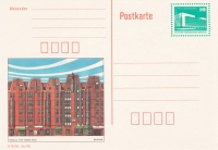 Vorderansicht - 10 Pfennig - Rostock und Palast der Republik, 1990 Postkarte Fünf-Giebel-Haus, Rostock aus Postkartenserie Bauten und Denkmäler, DDR Postkarte in sehr gutem Zustand!