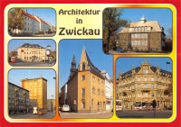 Vorderansicht - Ansichtskarte - Architektur in Zwickau, 1995 - Wohngebiet Eckersbach, Sparkassengebäude, Hochhaus Marienthal, Schiffchen, Landwirtschaftsschule, Eckhaus - Zwickau Wunderschöne Postkarte mit 5 Motiven