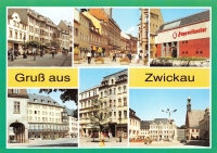 Vorderansicht - Ansichtskarte - Gruß aus Zwickau, 1985 - sehr schöne 6 unterschiedliche Stadtansichten von Zwickau Äußere Plauensche Straße, Jugenstilhaus, Fußgängerzone, Puppentheater, Ringkaffee, Marienplatz, Hauptmarkt