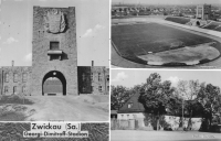 Vorderansicht - Ansichtskarte Georgi-Dimitroff-Stadion (Westsachsenstadion) in Zwickau, 1960 - Ansichtskarte zeigt Haupteingang, Gesamtansicht, Stadium-Gaststätte Echte Fotografie