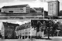 Vorderansicht - Ansichtskarte Zwickau - Marienthal, 1969 - Neue Schule, Hochhaus, Goethestraße, Wäscherei Echt Foto