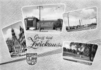 Vorderansicht - Gruss aus Zwickau (Sa.), 1960 - Hauptmarkt, Hauptbahnhof, Schedewitzer Brücke, Schwanenteichanlage Echte Fotografie