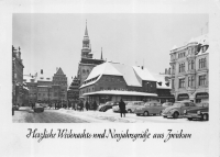 Vorderansicht - Herzliche Weihnachtsgrüße und Neujahrsgrüße aus Zwickau, 1957 - Postkarte aus der Deutschen Demokratischen Republik Echte Fotografie