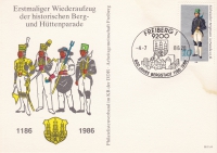 Vorderansicht - Postkarte - 800 Jahre Freiberg, Bergparade, 10 Pfennig DDR, 1986 - Sächsischer Bergmann in Parade 19. Jahrhundert sehr seltene Postkarte!