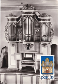 Vorderansicht - Postkarte - Silbermann Orgel in Fraureuth mit 76 Pfennig Briefmarke, 1976 - Fraureuth Orgel Silbermann Postkarte und Briefmarke erhielt nur der zu spendende
