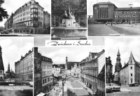 Vorderansicht - Zwickau - 5 Motive Ansichtskarte, 1977 - Wunderschöne Ansichtskarte mit 5 Motiven Ringcafe, Schwanenbrunnen, Hauptbahnhof, Neuberin-Platz, Hauptmarkt, Schiffchen