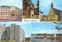 Vorderansicht - Zwickau - Ansichtskarte, 1976 - Rathaus, Robert-Schumann-Denkmal, Stadttheater, Internat der Ingenieurhochschule, Am Schwanenteich Farbfotos zu DDR-Zeiten
