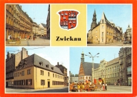 Vorderansicht - Zwickau - Ansichtskarte, 1985 - Äußere Plauensche Straße, Schiffchen, Robert-Schumann-Haus, Blick zum Rathaus und Gewandhaus alte Farbfotos