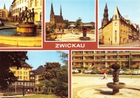 Vorderansicht - Zwickau - Ansichtskarte, 1988 - Brunnen, Katharienkirche, Schiffchen, Ringkaffee Farbfotos
