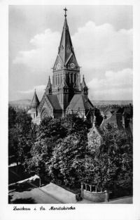 Vorderansicht - Zwickau - Ansichtskarte Moritzkirche, 1955 - Historische Ansichtskarte zum Kaufen Echtes Foto (Hand-Abzug)