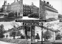 Vorderansicht - Zwickau - Bezirkskrankenhaus Heinrich Braun, 1965 - sehr schöne alte Postkarte vom Heinrich-Braun-Krankenhaus schwarz-weiß Ansichtskarte