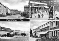 Vorderansicht - Zwickau - Eschenweg, 1981 - 4 Motive - Eschenweg, Kaufhalle am Windberg, Kinderhort und Kinderkrippe Echte Fotografie