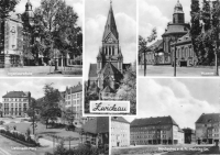 Vorderansicht - Zwickau - Liebknecht-Platz, Ingeniuerschule uvm., 1967 - gelaufene Ansichtskarte von Zwickau Ingenieurschule, Moritzkirche Museum, Liebknecht-Platz, Neubauten a.d.Fr.-Mehring-Str.