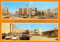 Vorderansicht - Zwickau - Neuplanitz, 1988 - Teilansichten von Neuplanitz mit parkenden Trabanten und Wartburgs Neubaugebiet Neuplanitz mit 4 Motiven