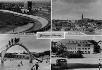 Vorderansicht - Zwickau - Planitz, 1961 - 4 Motive, wie das Georgi-Dimitroff-Stadion, Blick zu Schloß und Kirche, Freibad und Poliklinik Echte Fotografie