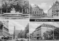 Vorderansicht - Zwickau - Schwanenbrunnen, Milchbar uvm., 1968 - Schwanenbrunnen, Milchbar am Schumannplatz, Am Hauptmarkt, Hotel Wagner Echte Fotografie