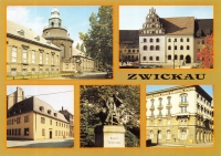Vorderansicht - Zwickau - Städtisches Museum, Hochzeitshaus, Robert-Schumann-Haus, Robert-Schumann-Denkmal alte Farbfotos