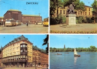 Vorderansicht - Zwickau 4 Motive wie Hauptbahnhof, Ringkaffee, 1973 - gebrauchte und gelaufene Postkarte von Zwickau DDR Postkarte mit Walter Ulbricht Briefmarke