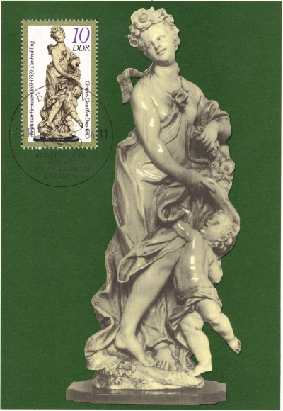 Vorderansicht - 10 Pfennig DDR - Postkarte Grünes Gewölbe - Der Frühling - Elfenbein-Kleinplastik aus dem Zyklus der vier Jahreszeiten von Balthasar Permoser, 1984 Staatliche Kunstsammlung Dresden