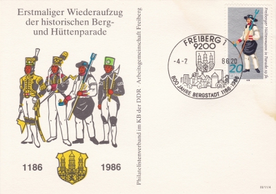 Postkarte - 800 Jahre Freiberg, Bergparade, 20 Pfennig DDR, 1986
