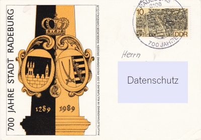 Vorderansicht - Postkarte - 700 Jahre Stadt Radeburg, 1989 - Radeburg in Sachsen von 1289-1989 sehr schlichtes Motiv