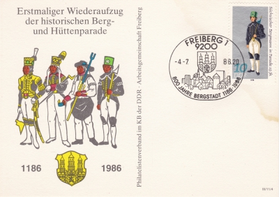 Postkarte - 800 Jahre Freiberg, Bergparade, 10 Pfennig DDR, 1986