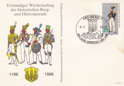 Postkarte - 800 Jahre Freiberg, Bergparade, 25 Pfennig DDR, 1986