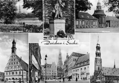 Vorderansicht - Zwickau - 6 Motive auf Ansichtskarte, 1964 - Schwanenteich, Robert-Schumann-Denkmal, Museum, Stadttheater, Hauptmarkt und Dom Echt Foto