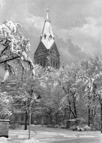 Vorderansicht - Zwickau - Moritzkirche im Winter, 1964 - Historische Ansichtskarte zum Kaufen Echtes Foto (Hand-Abzug)