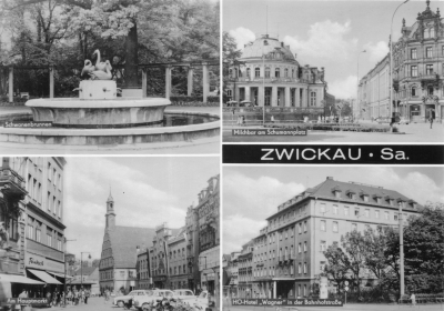 Schwanenbrunnen, Milchbar am Schumannplatz, Am Hauptmarkt, Hotel Wagner