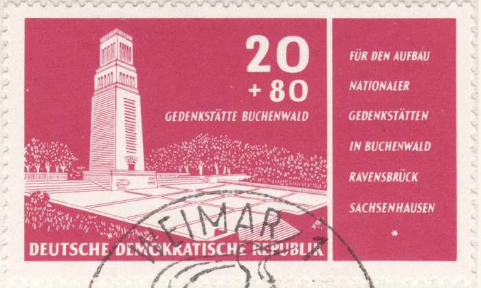 Briefmarke - Postkarte - Nationalen Gedenkstätte Buchenwald, Weimar - Briefmarke 20 + 80 Pfennig DDR, Glockenturm Buchenwald Rückseite unbeschrieben!