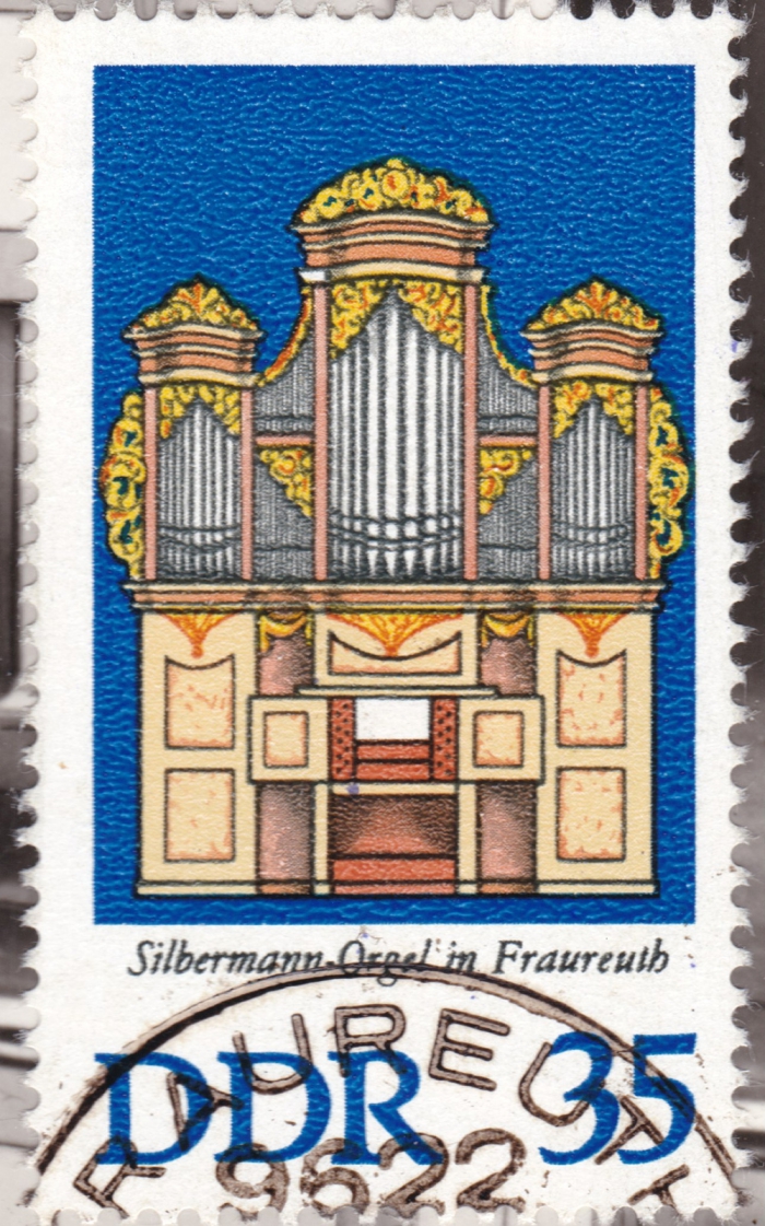 Briefmarke - Postkarte - Silbermann Orgel in Fraureuth mit 76 Pfennig Briefmarke, 1976 - Fraureuth Orgel Silbermann beliebt bei Silbermann-Orgel-Fans!