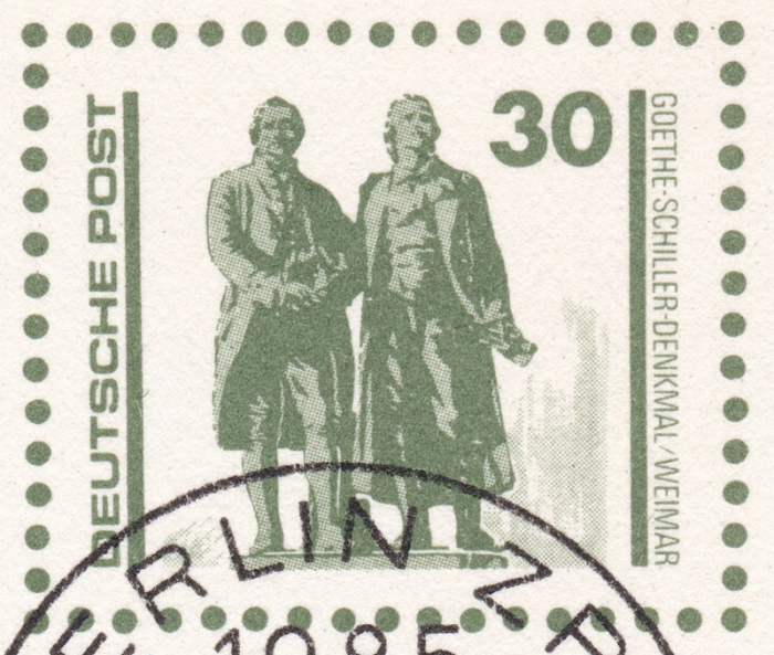 Detailansicht - 30 Pfennig - Greifswald und Goethe-Schiller-Denkmal (Ersttagsstempel), 1990 - Postkarten Serie Bauten und Denkmäler, DDR Ganzsache, Rückseite leer!