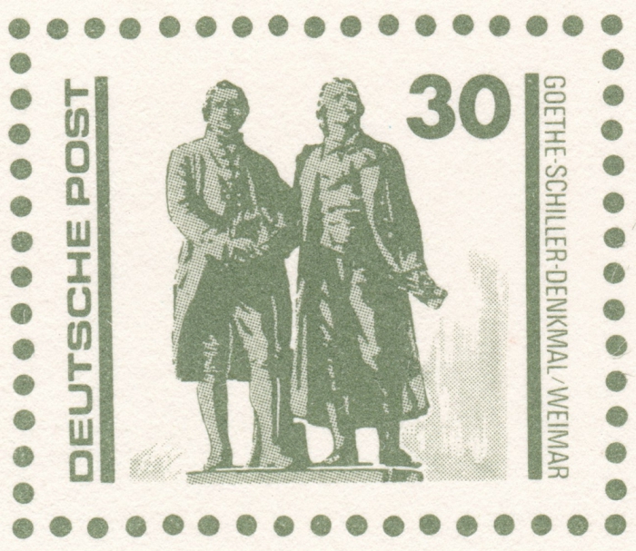 Detailansicht - 30 Pfennig - MS Arkona und Goethe-Schiller-Denkmal, 1990 - Postkartenserie Bauten und Denkmäler, DDR Rückseite leer!