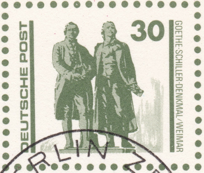 Detailansicht - 30 Pfennig - Schloß Schwerin und Goethe-Schiller-Denkmal in Weimar, 1990 - Postkarte Serie Bauten und Denkmäler, DDR Ganzsache, Rückseite leer!