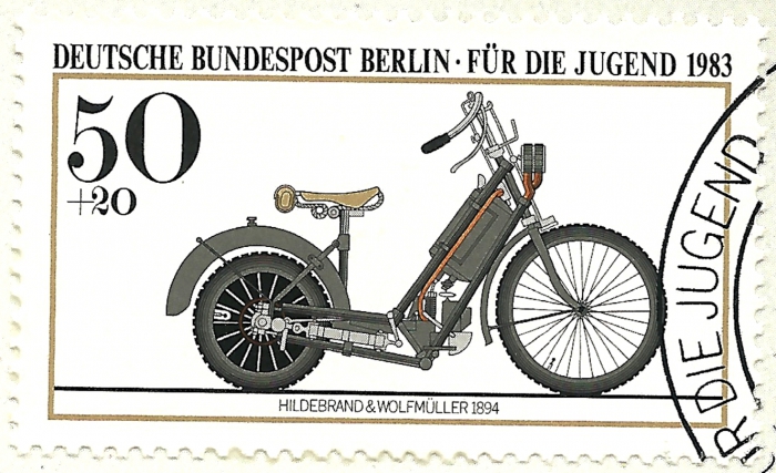 Detailansicht - Motorrad von Hildebrand und Wolfmüller 1894, Für die Jugend, Motorräder 1983 - Jugendmarken - Historische Motorräder sehr guter Zustand