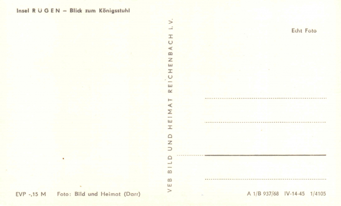 Rückansicht - Blick zum Königsstuhl, Rügen Postkarte 1968 - Alte Postkarte Karton, s/w-Abzug