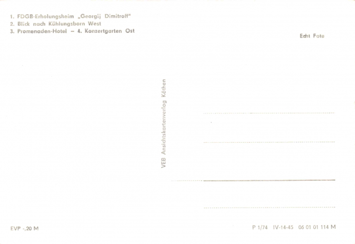 Rückansicht - Gruß aus Ostseebad Kühlungsborn, 1974 - Alte Postkarte Karton, s/w-Abzug