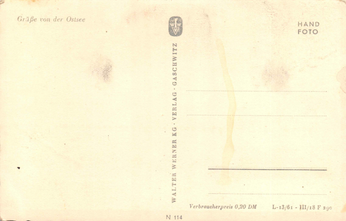 Rückansicht - Grüße von der Ostsee, Postkarte 1961 - Baltisches Meer Karton, s/w-Abzug